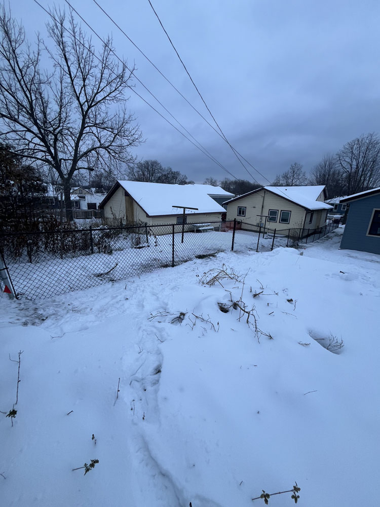 Snow covers a backyard with a chain-link fence, bare trees, and houses in the background under a cloudy, gray sky. Power lines stretch above the scene.